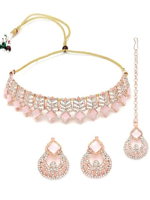 Sukkhi Seaside Rose Gold Plated Pink AD Stones & Beads Choker Necklace Set With Earring And Maangtika | Jewellery Set For Women