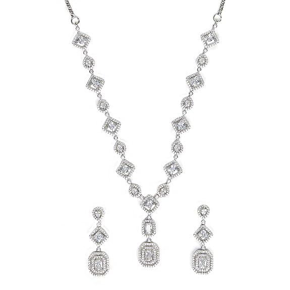 VOYLLA CZ Silver Plated Drop Gems Sparkling Elegance Necklace Set