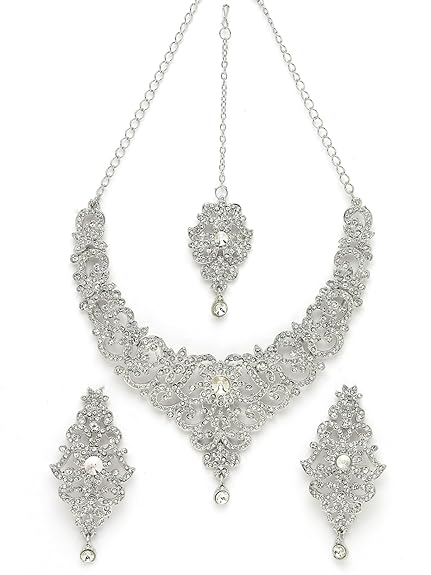 Sukkhi High-Fashion Rhodium Plated Silver AD White Stones Floral Collar Bone Necklace Set With Earring And Maangtika | Jewellery Set For Women